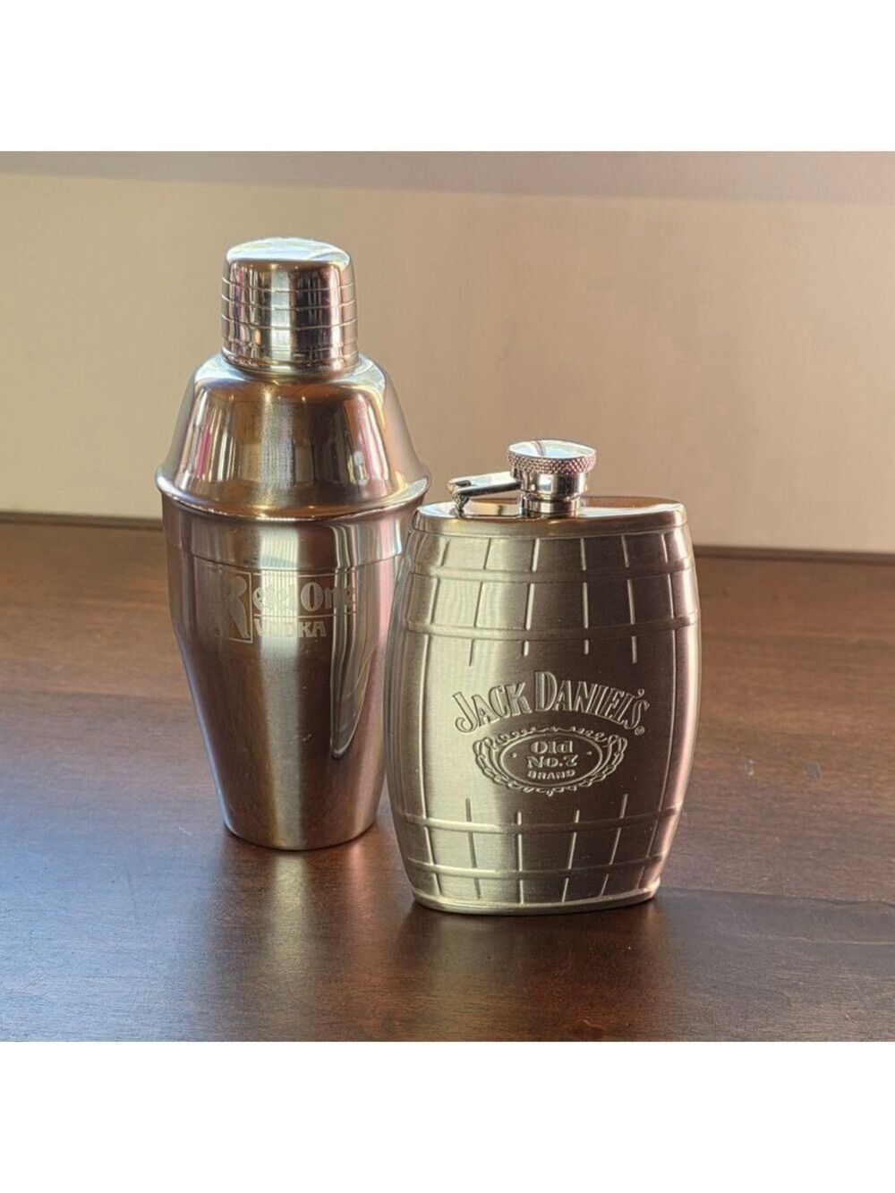Jack Daniel's Stainless Steel Barrel Flask & Ketel One Cocktail Shaker Set